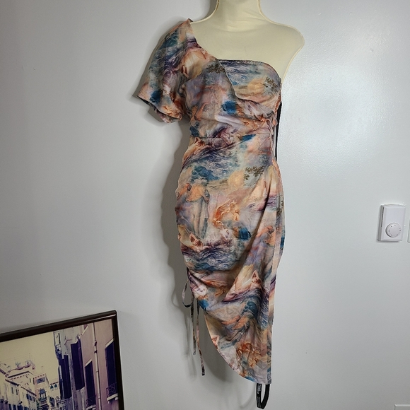Multi Renaissance Print One Shoulders Ruched Dress - Picture 2 of 15